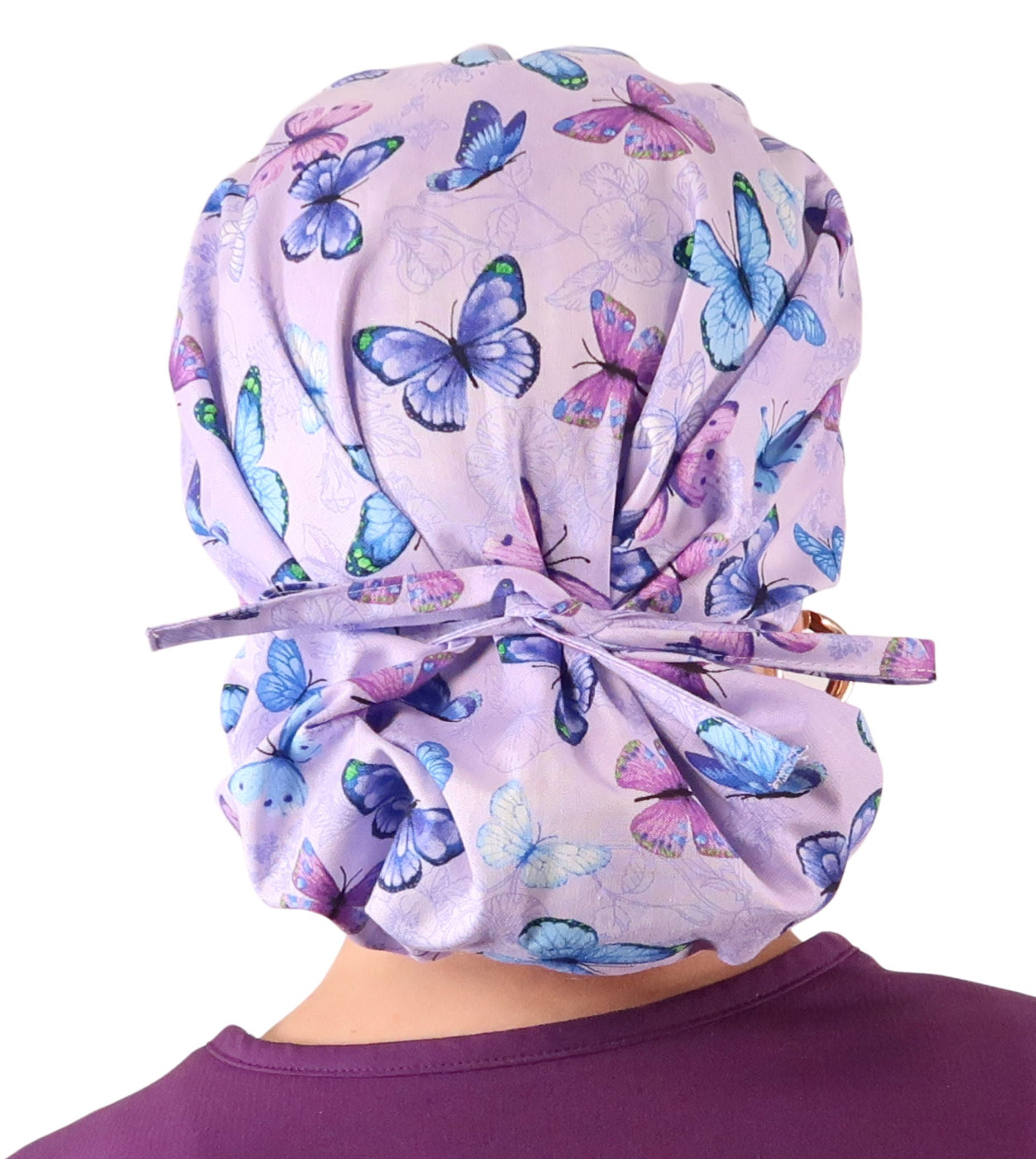 Stylish American Made Banded Bouffant Ponytail Scrub Cap - Lavender Butterfly Whimsy Banded Bouffant Surgical Scrub Caps