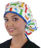 Big Hair Surgical Scrub Cap - Tossed Wiener Dogs with Royal Ties