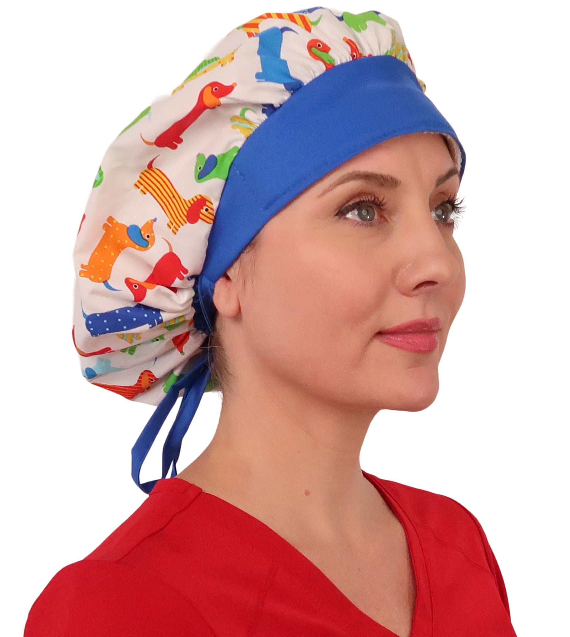 Front Facing Untied View of a Woman Wearing a Banded Bouffant Ponytail Surgical Scrub Cap - Wiener Dogs Pattern with a Royal Band  