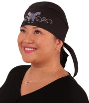 Embellished Extra Deep Deluxe Skull Cap - Blue & Silver Butterfly Swirl on Black - Extra Deep Deluxe Skull Caps - Sparkling EARTH