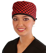 Surgical Scrub Cap - Buffalo Check with Black Ties