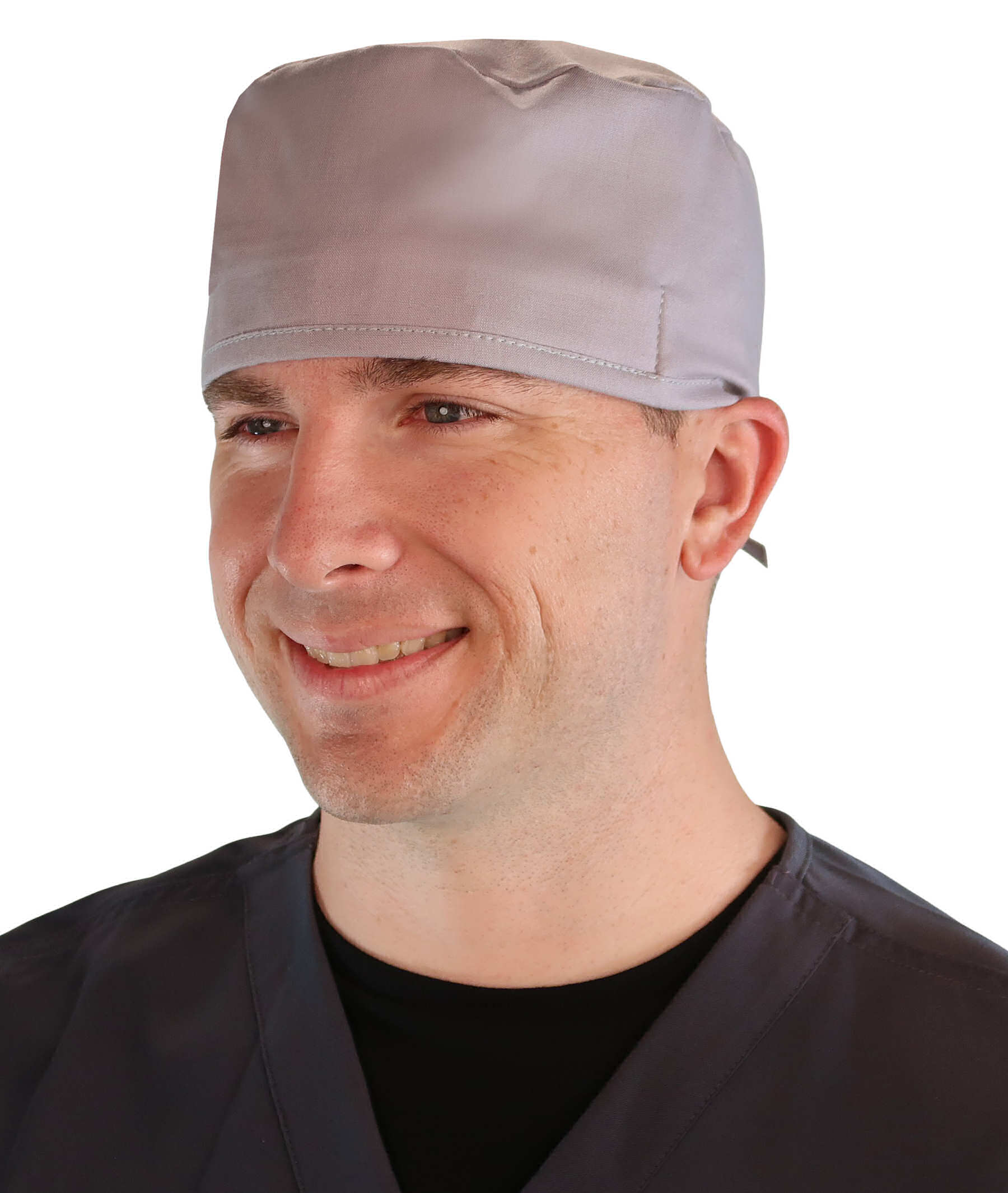 Front Facing View of a Man Wearing a Classic Cotton Surgical Scrub Cap - Light Grey Scrub Cap