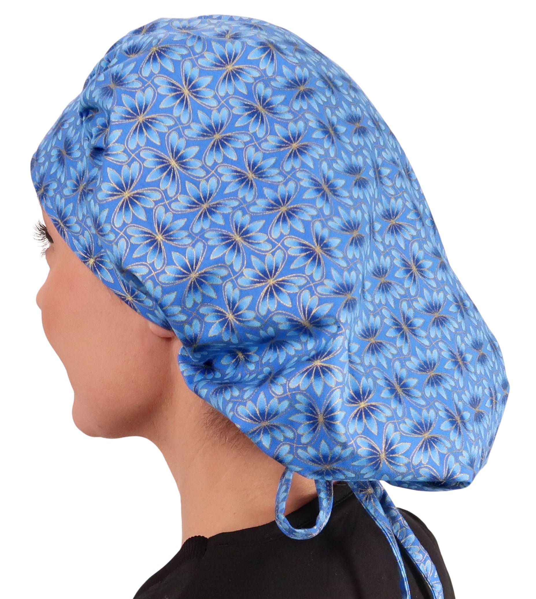 Stylish American Made Banded Bouffant Ponytail Scrub Cap - Golden Metallic Blue Blossoms Banded Bouffant Surgical Scrub