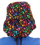 Big Hair Ponytail Surgical Scrub Cap - Perfect Scrub Cap for Long Hair - Multi Color Dots with Black Ties
