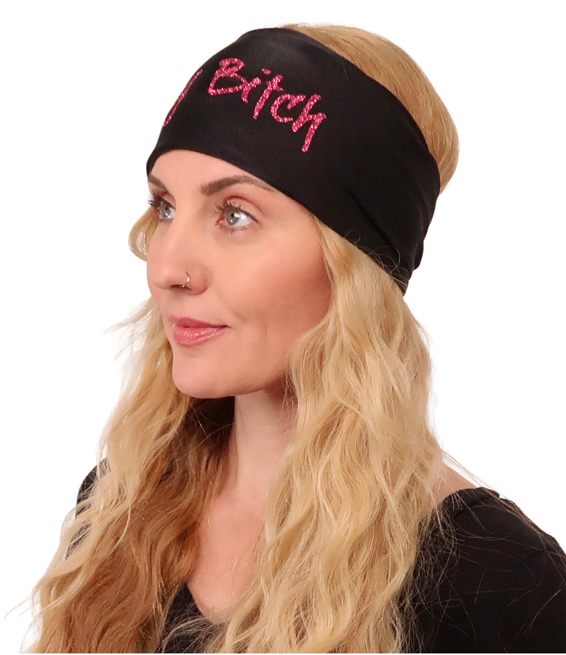 Embellished Reversible Stretch Headband – Stylish Comfortable &amp; USA-Made - Pink Crazy Bitch Glitter Design on Black