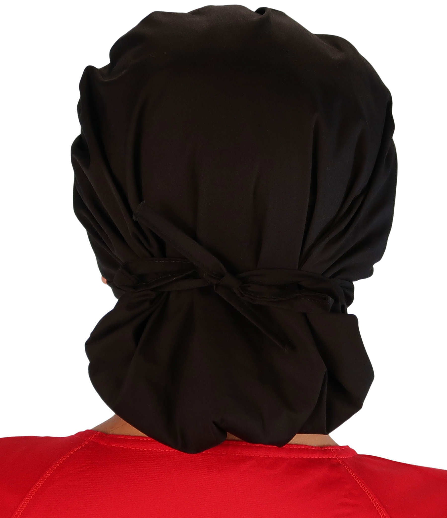 Back Facing Tied View of a Woman Wearing a Banded Bouffant Ponytail Surgical Scrub Cap - Heart Stethoscope Patch on Black Fabric 