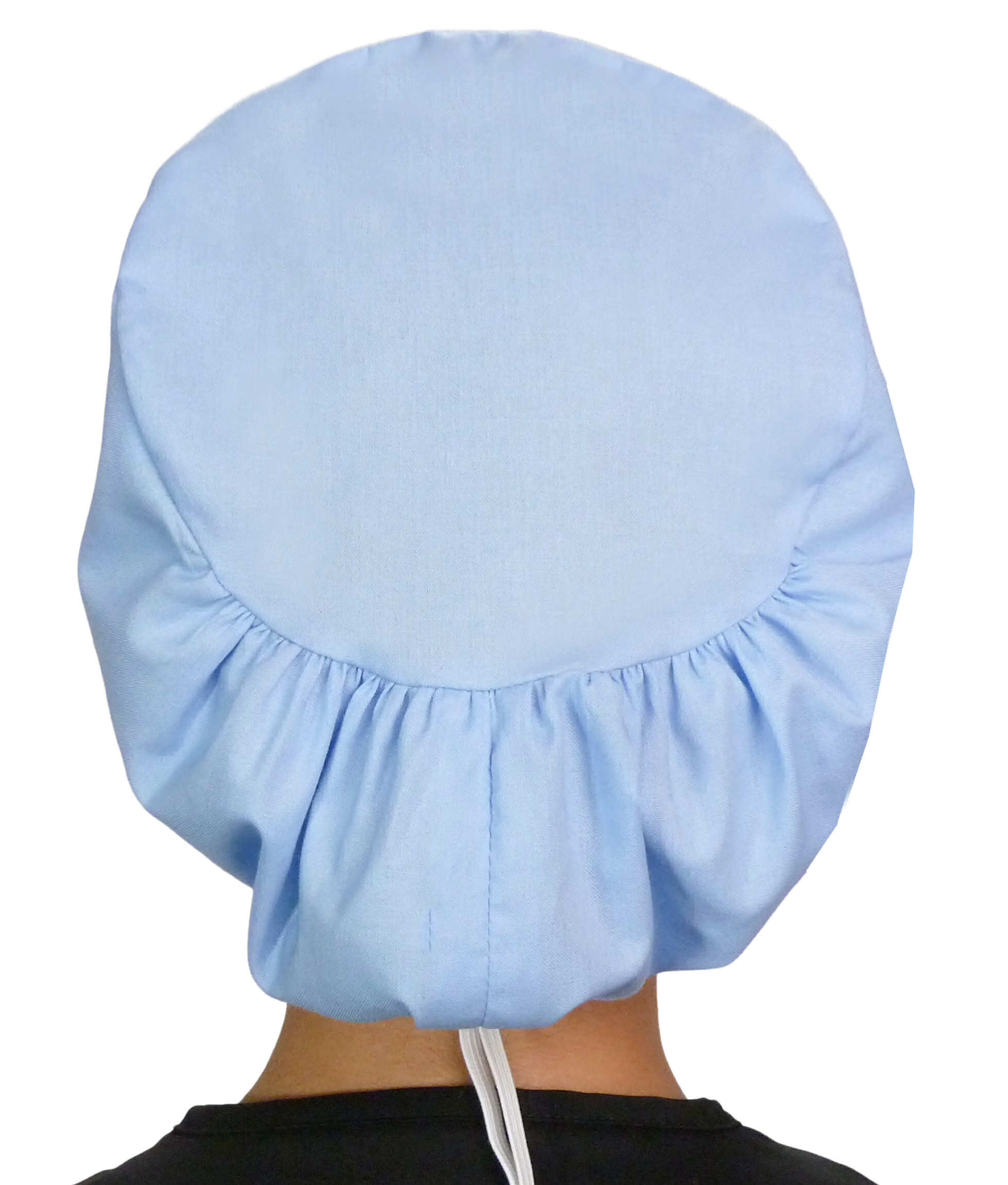 Back facing image of a woman in scrubs wearing a Light Sky Blue Euro Style Riley Comfort Scrub Cap.