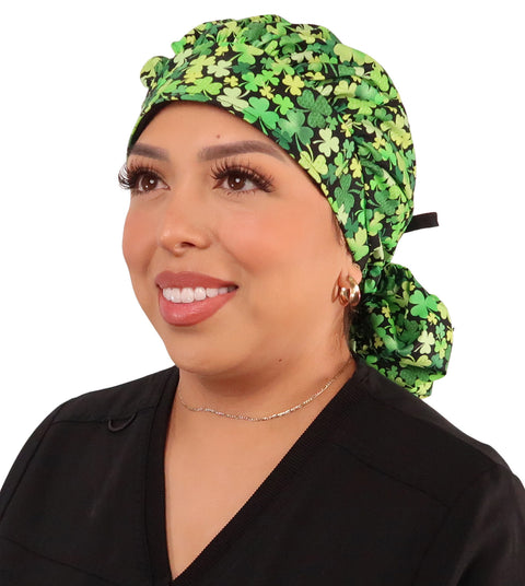 Banded Bouffant Surgical Scrub Cap - Clover Clusters with Black Ties