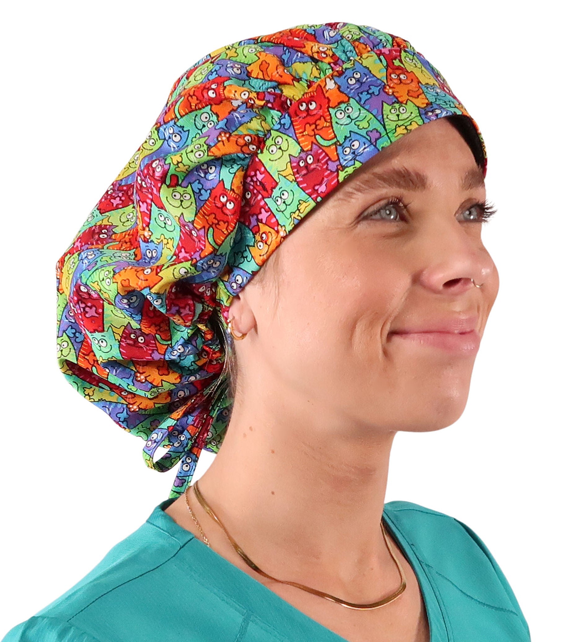 Stylish American Made Banded Bouffant Ponytail Scrub Cap - Colorful Cats Meow Banded Bouffant Surgical Scrub Caps