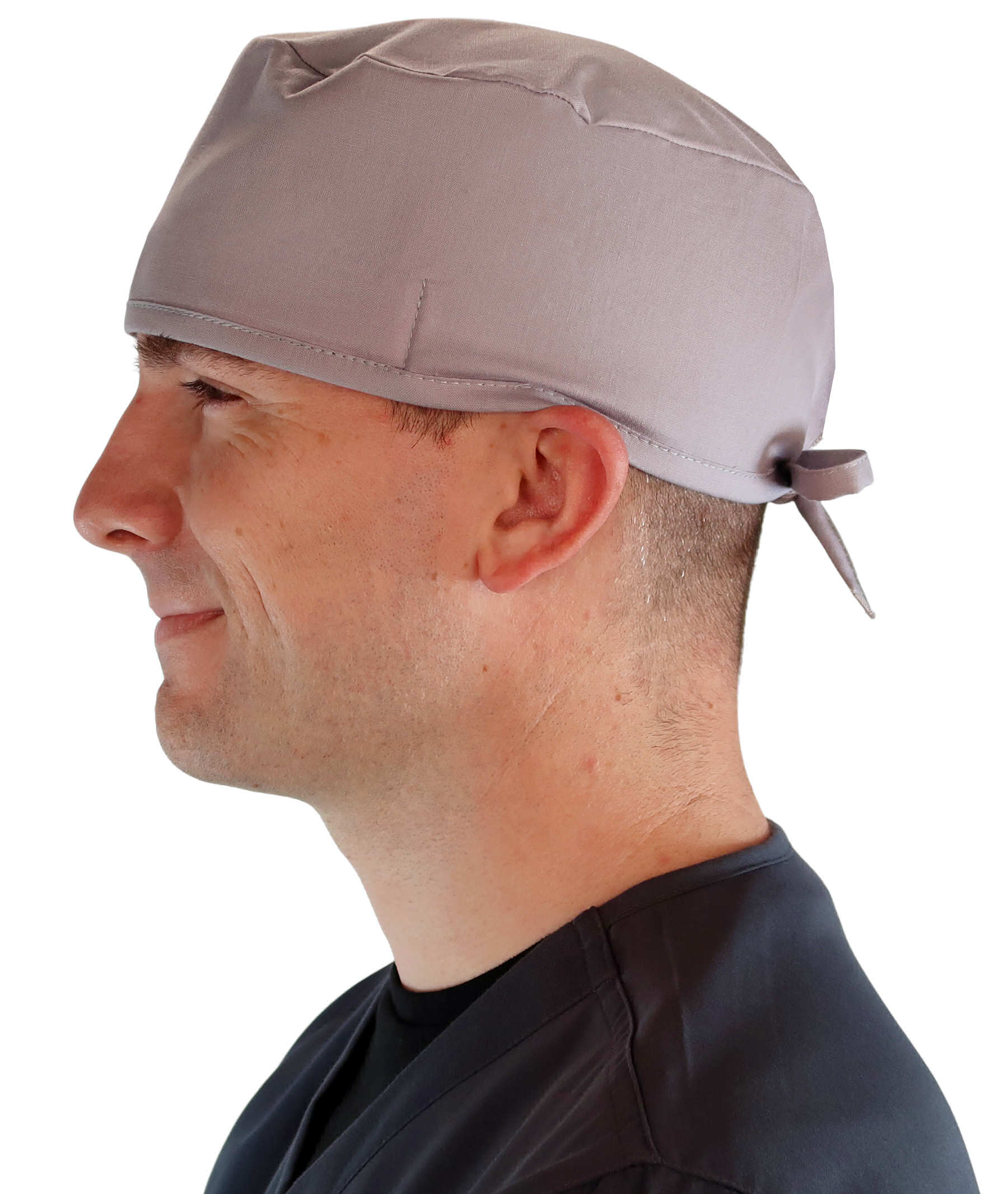 Side Facing View of a Man Wearing a Classic Cotton Surgical Scrub Cap - Light Grey Scrub Cap