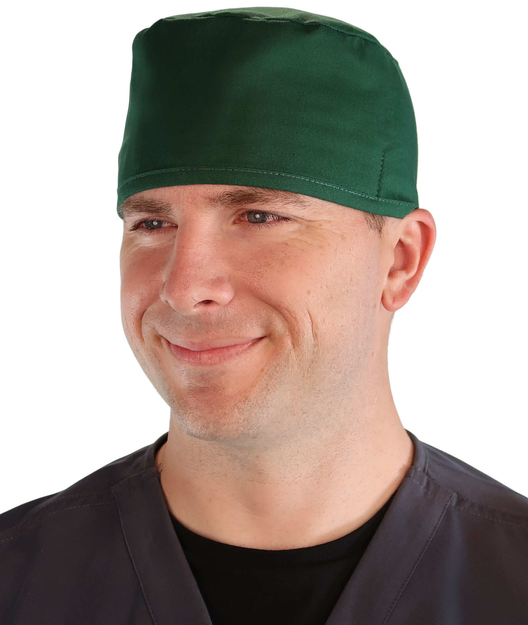 Front Facing View of a Man Wearing a Classic Cotton Surgical Scrub Cap - Hunter Green Scrub Cap