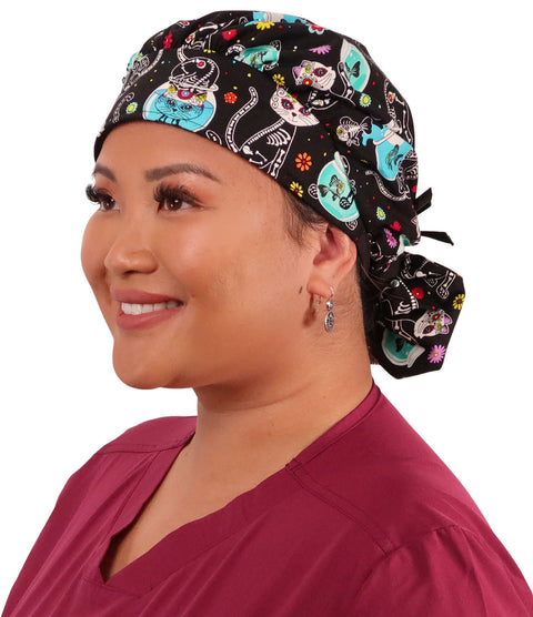 Designer Banded Bouffant Surgical Cap - X - Ray Cats with Black Ties - Designer Banded Bouffant Surgical Caps - Sparkling EARTH