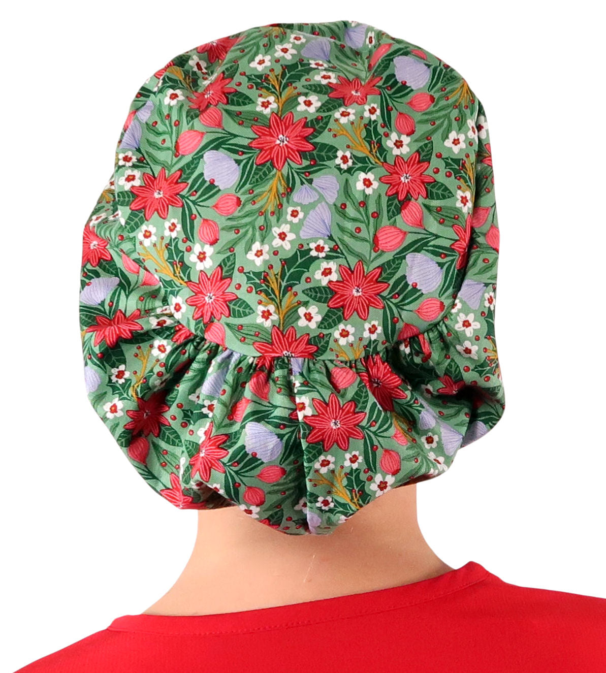 Back facing image of a woman in scrubs wearing a Poinsettia Party Euro Style Riley Comfort Scrub Cap.