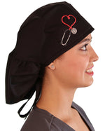 Embellished Big Hair Surgical Cap - Black Big Hair with Heart Stethoscope Patch