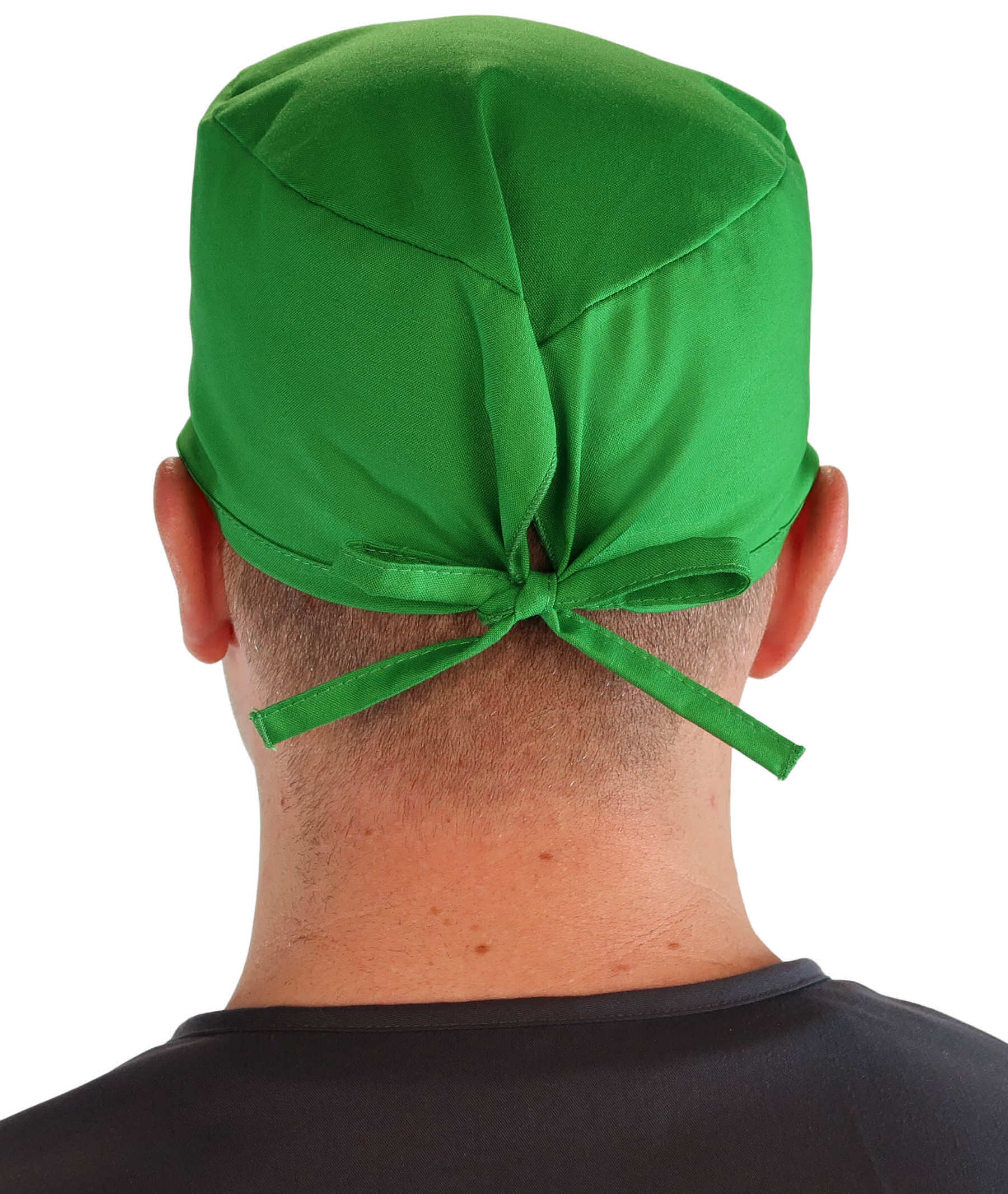 Back Facing View of a Man Wearing a Classic Cotton Surgical Scrub Cap - Kelly Green Scrub Cap