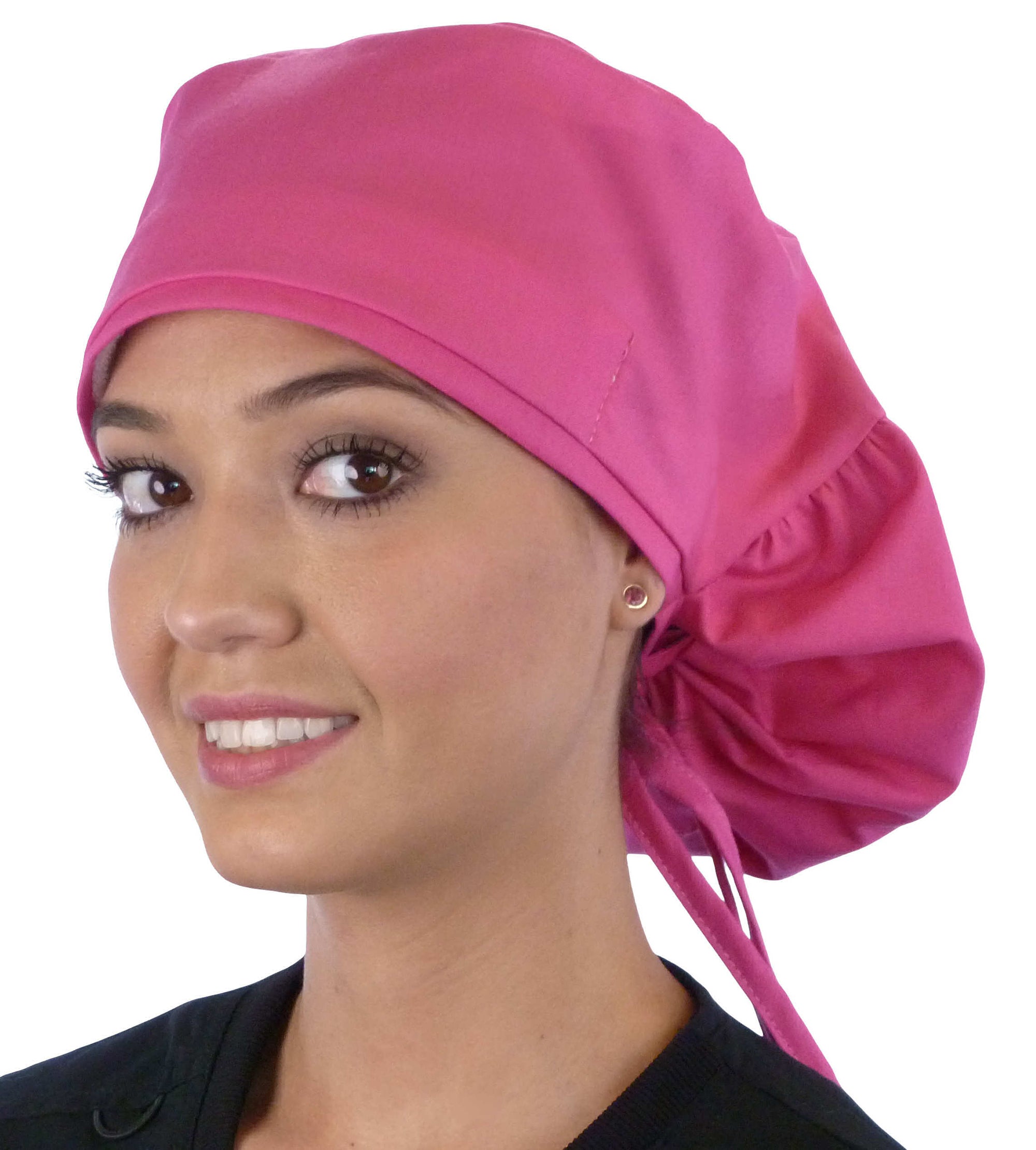 Front facing untied image of a woman in scrubs wearing a Hot Pink Big Hair Ponytail Scrub Cap and hot pink ties to hold the scrub cap in place.