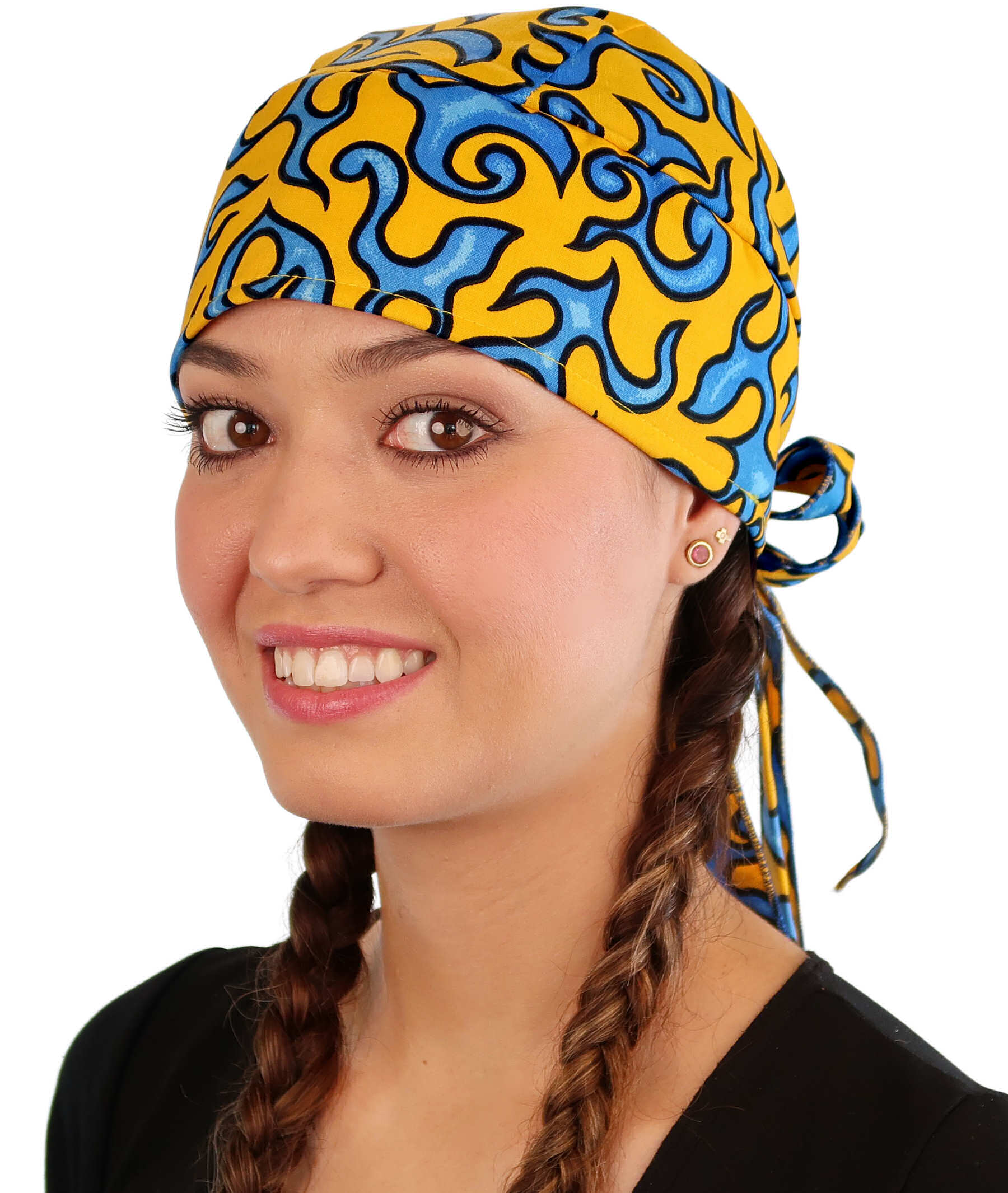 Nomad 10 Skull Cap - Rockstar Style for the Open Road - American Made - Liquid Blue Flames on Yellow - Nomad 10 Skull Caps - Sparkling EARTH