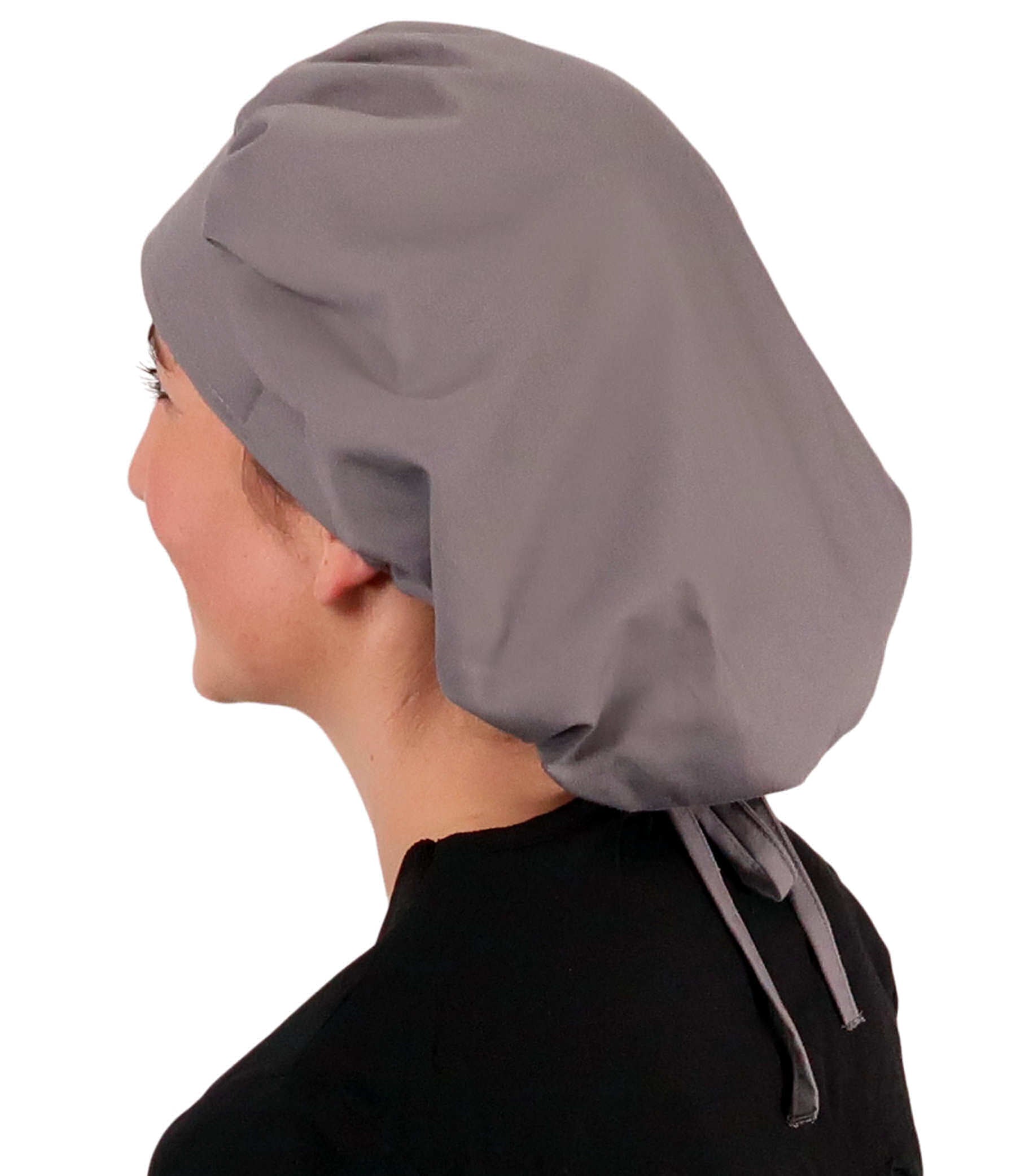 Side Facing Untied View of a Woman Wearing a Tied Back Banded Bouffant Ponytail Surgical Scrub Cap - Solid Grey Fabric