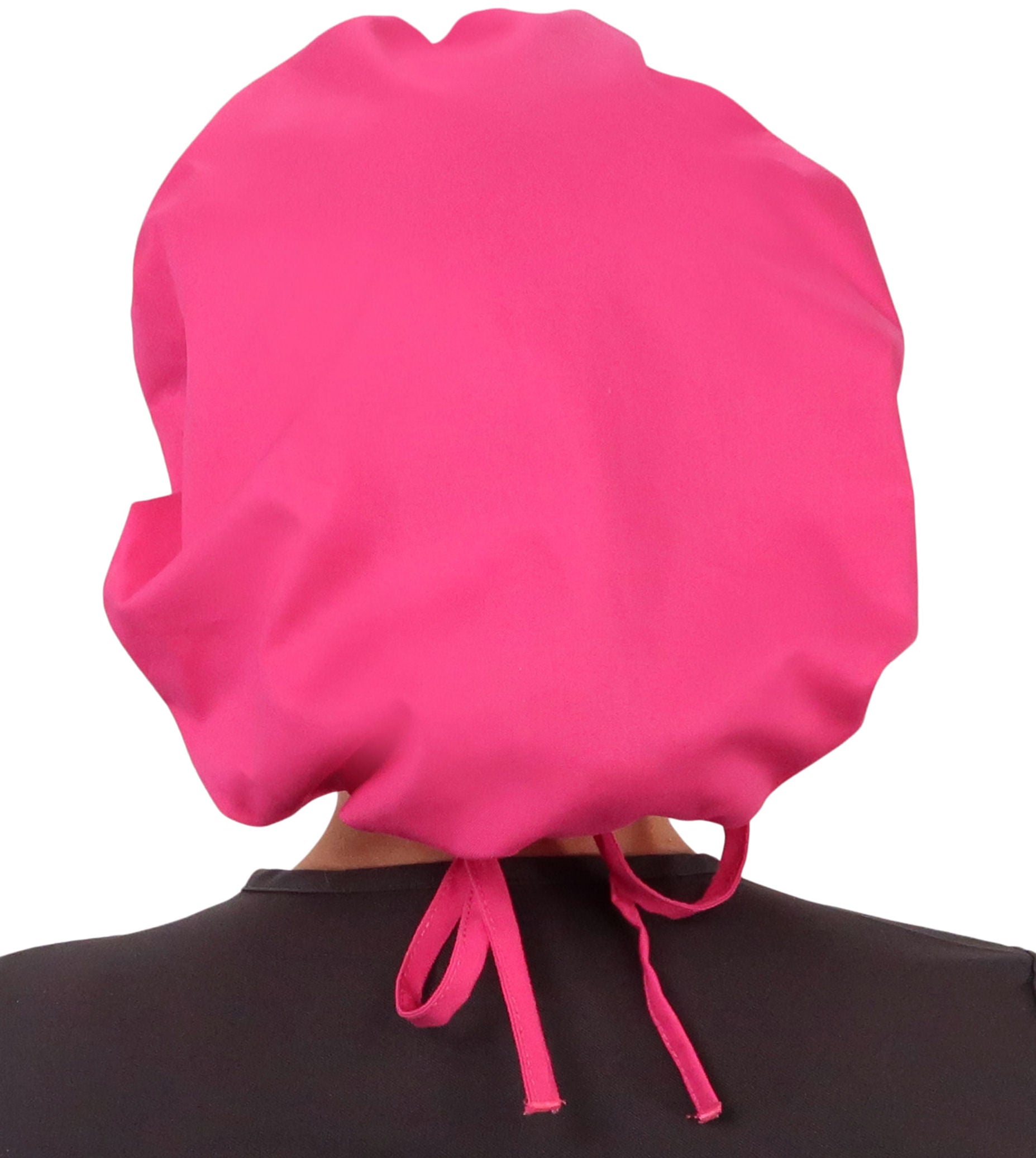 Back Facing Untied View of a Woman Wearing a Tied Back Banded Bouffant Ponytail Surgical Scrub Cap - Solid Hot Pink Fabric