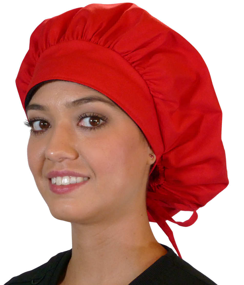 Front Facing Untied View of a Woman Wearing a Tied Back Banded Bouffant Ponytail Surgical Scrub Cap - Solid Red Fabric