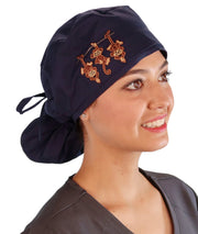 Embellished Big Hair Surgical Cap - Navy Big Hair with Three Monkeys Patch