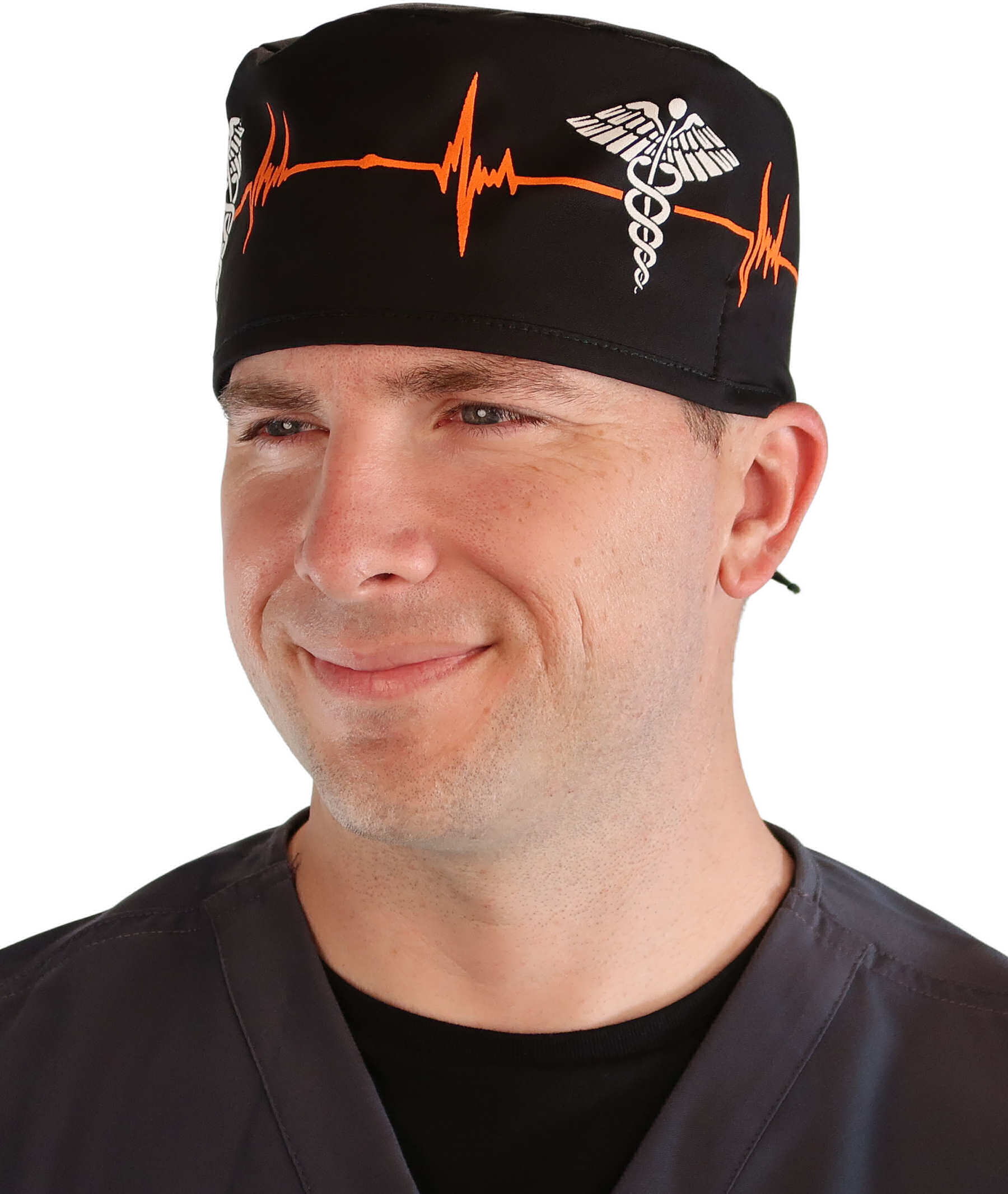 Front facing image of a man in scrubs wearing a Classic Surgical Scrub Cap in a EKG Signal and Medical Sign pattern.