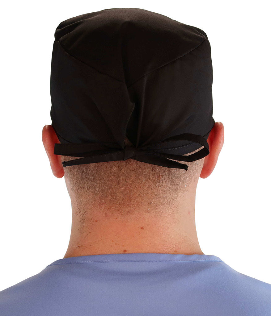 Back Facing View of a Man Wearing a Classic Cotton Surgical Scrub Cap - Black with Three Monkeys Patch.