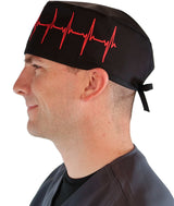 Surgical Scrub Cap - Red EKG on Black - Surgical Scrub Caps - Sparkling EARTH