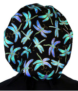 Designer Banded Bouffant Scrub Cap - Metallic Dragonflies with Black Band