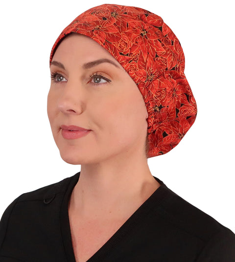 Riley Comfort Surgical Scrub Cap - Beautiful Poinsettias in Bloom with Gold Metallic