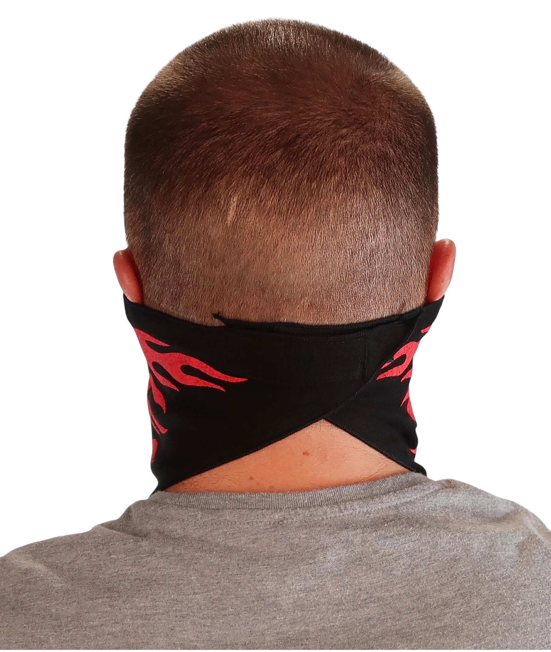 Cotton Biker Tri-Danna Face Mask: Style Comfort and Protection - Skull Jaw Red Flames on Black Tri-Danna Masks