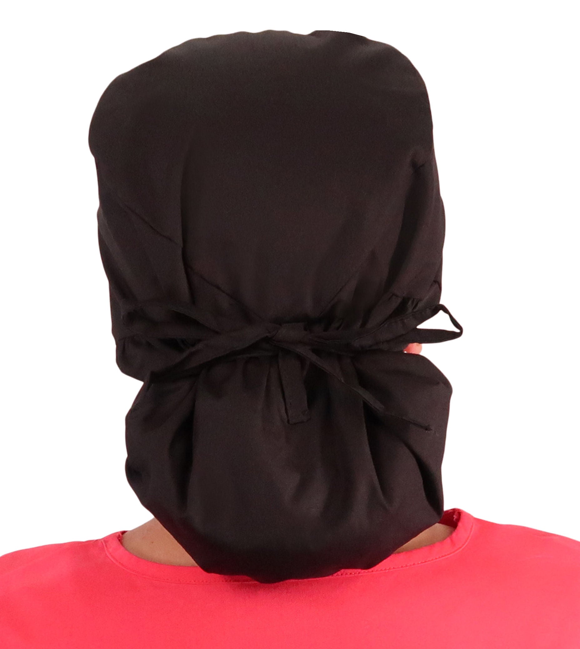 Back facing image of a woman in scrubs wearing a Black Big Hair Ponytail Scrub Cap and black ties to hold the scrub cap in place.