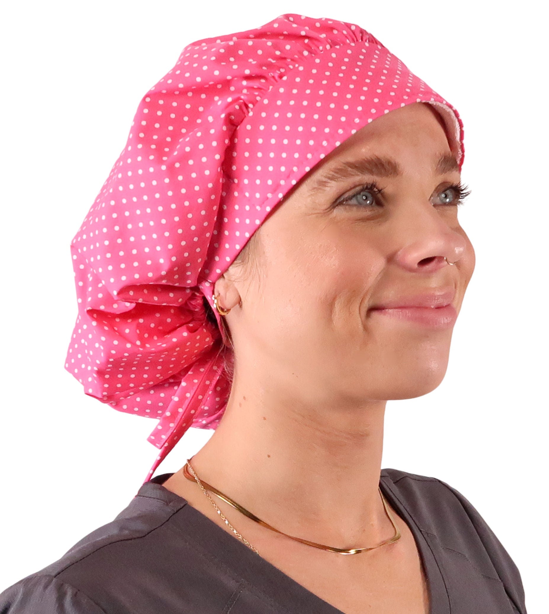 Stylish American Made Banded Bouffant Ponytail Scrub Cap - Delightful Polka Dots Banded Bouffant Surgical Scrub Caps