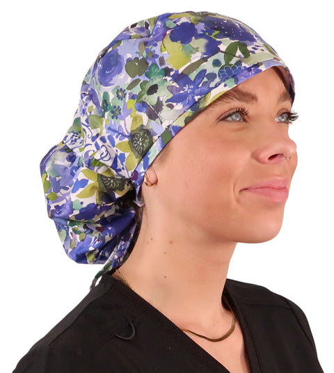 Big Hair Ponytail Surgical Scrub Cap - Wildflower Meadow