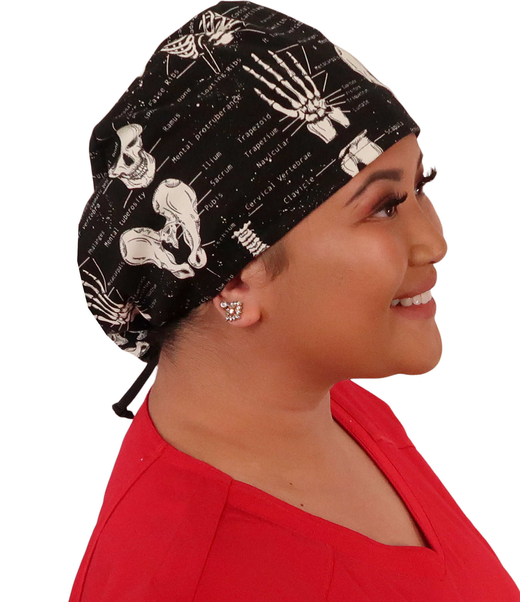 Side facing image of a woman in scrubs wearing a Human Body Skeleton (Glow In The Dark)  Euro Style Riley Comfort Scrub Cap.