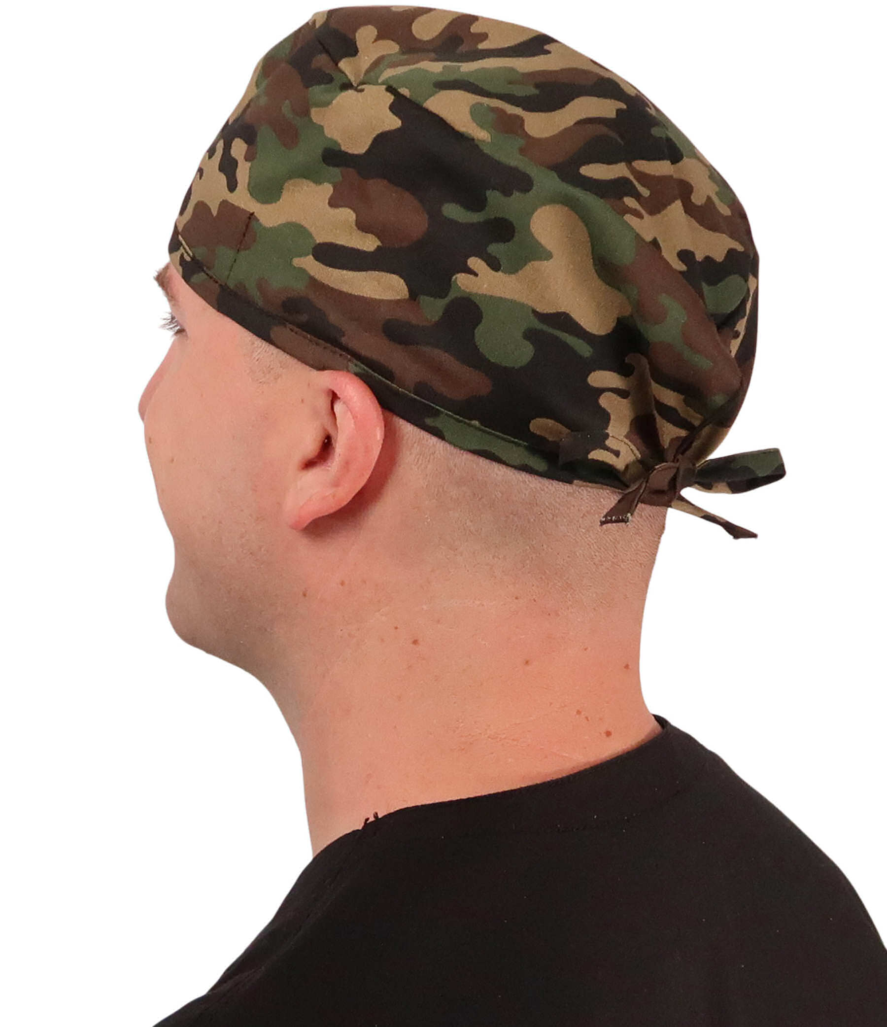 Side Facing View of a Man Wearing a Classic Cotton Surgical Scrub Cap - Woodland Camo Pattern