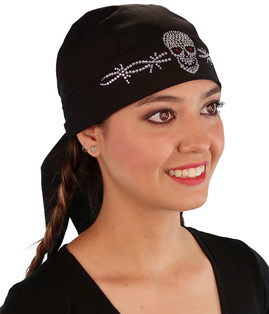 Embellished Skull Caps: Unique Headwear - Black Skull Cap with Skull & Barbed Wire Rhinestud/Stone Design Classic Skull