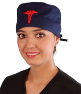 Embellished Surgical Scrub Cap - Navy Cap with Red Caduceus Patch - Surgical Scrub Caps - Sparkling EARTH