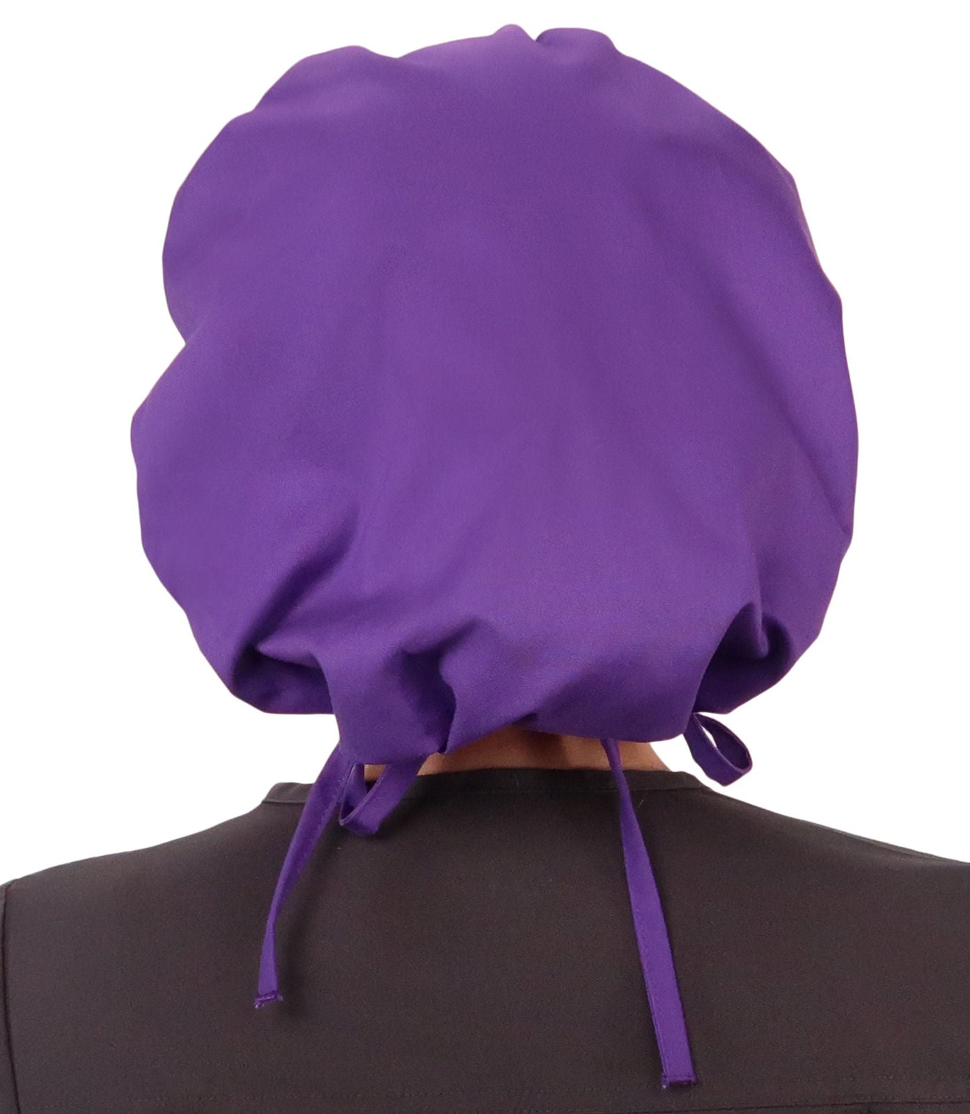 Back Facing Untied View of a Woman Wearing a Tied Back Banded Bouffant Ponytail Surgical Scrub Cap - Solid Purple Fabric