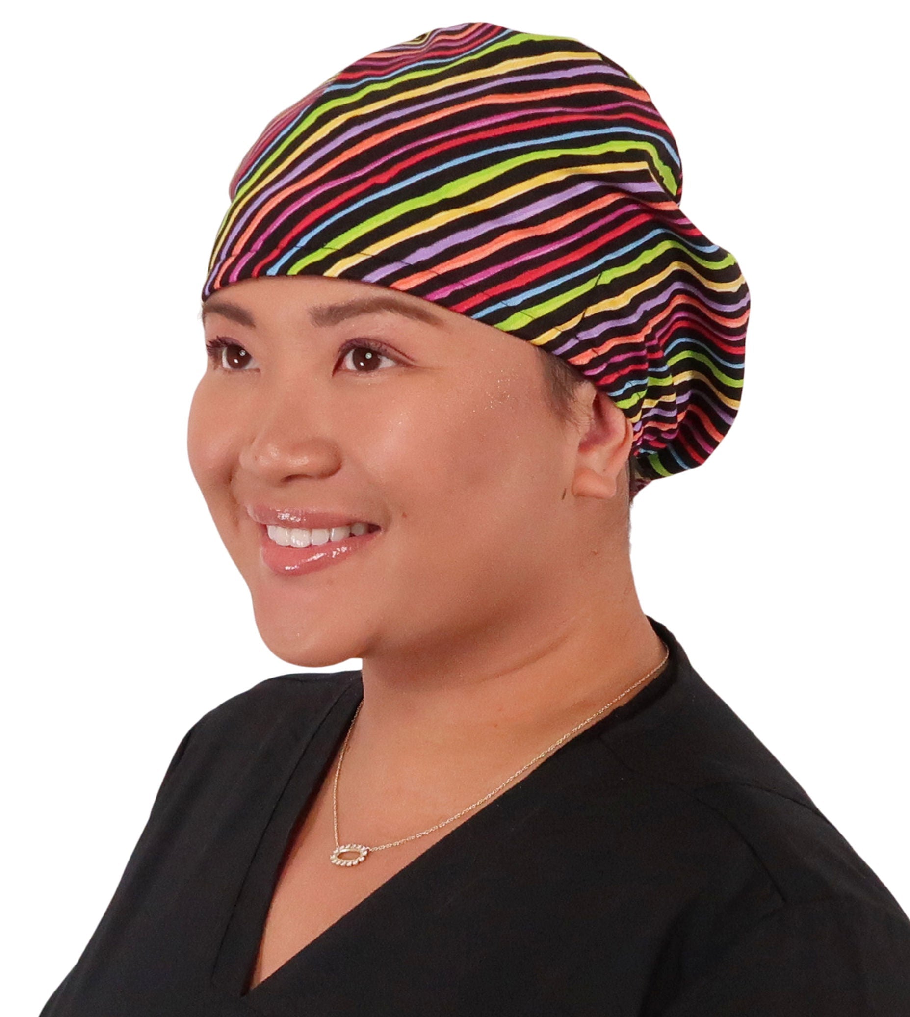 Front facing image of a woman in scrubs wearing a Styl'n Microcolored Stripes Euro Style Riley Comfort Scrub Cap.