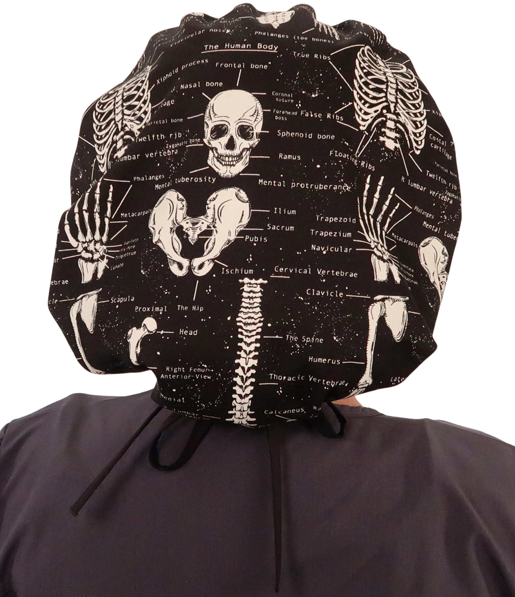 Back Facing Untied View of a Woman Wearing a Banded Bouffant Ponytail Surgical Scrub Cap - Human Body Skeletons Patterned Fabric with Black Ties