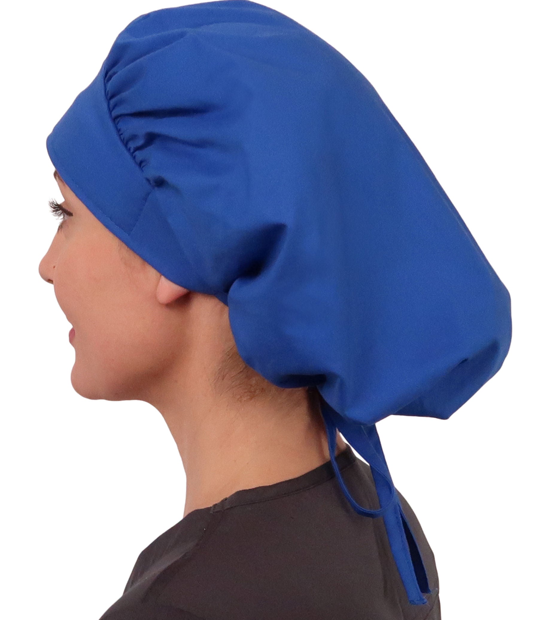 Side Facing Untied View of a Woman Wearing a Tied Back Banded Bouffant Ponytail Surgical Scrub Cap - Solid Royal Fabric