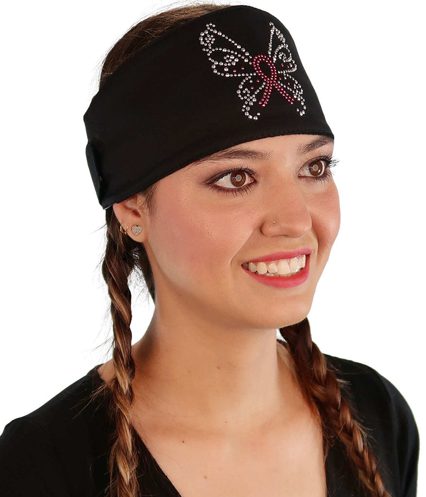 Embellished Chop Top Doo Wrap – Bold Biker Bandana with Exclusive Bling - Black Chop Top with Pink Ribbon Butterfly