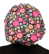 Banded Bouffant Surgical Scrub Cap - Flowers In Bloom with Black Ties