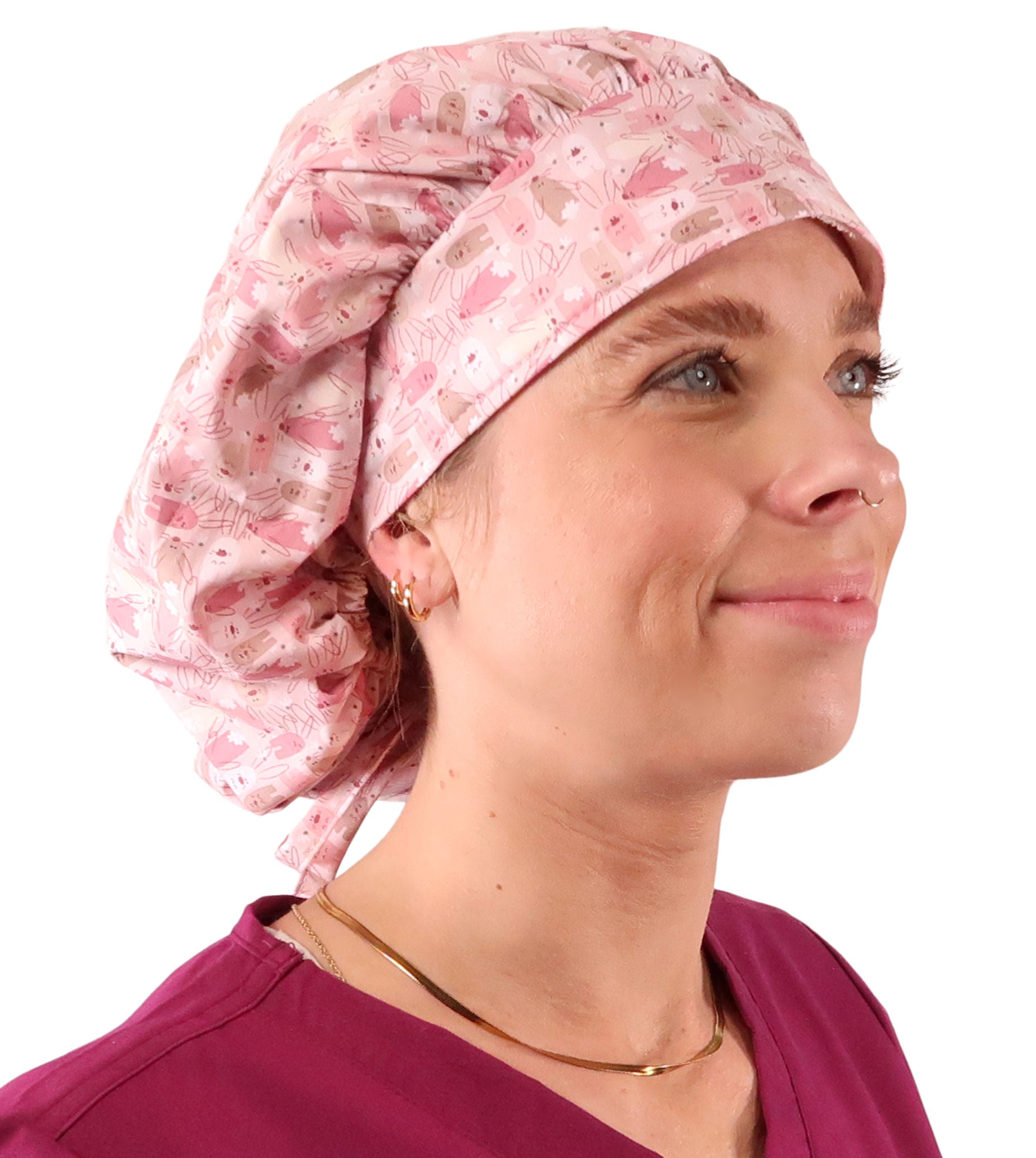 Stylish American Made Banded Bouffant Ponytail Scrub Cap - Honey Bunnies Banded Bouffant Surgical Scrub Caps
