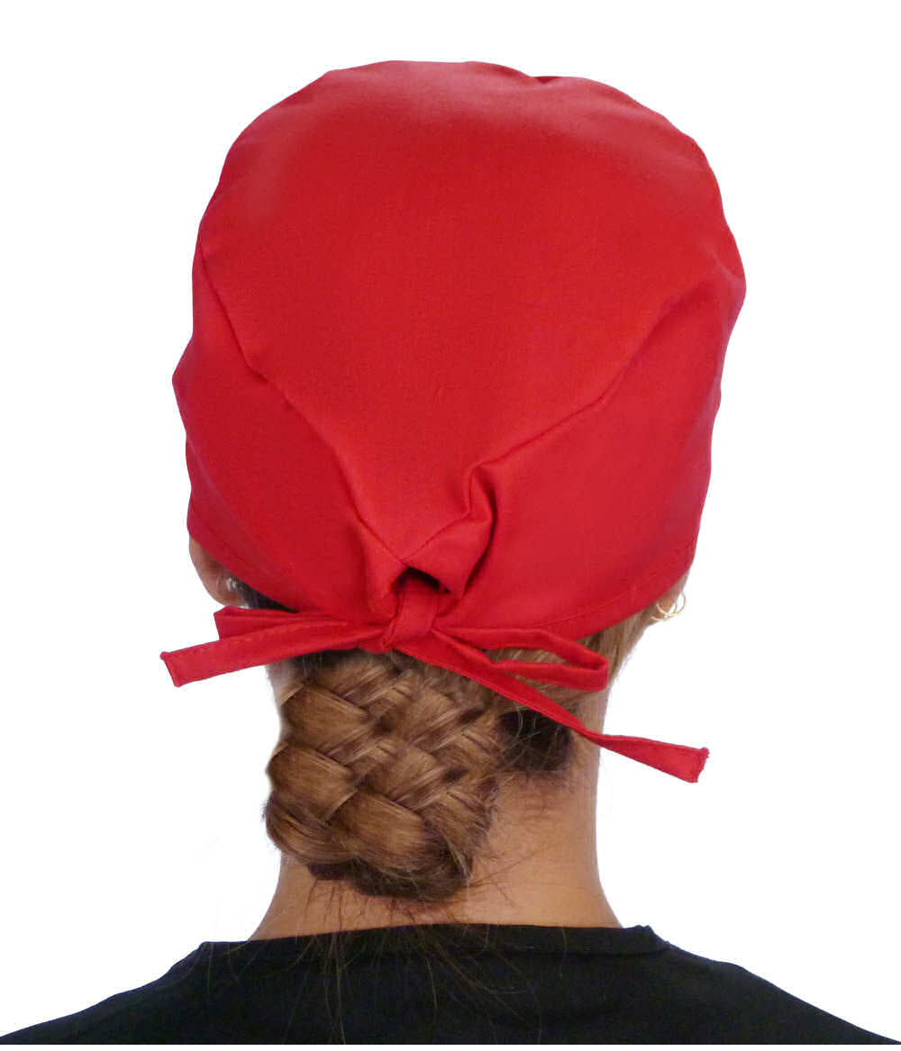 Back Facing View of a Woman Wearing a Classic Cotton Surgical Scrub Cap - Red Scrub Cap