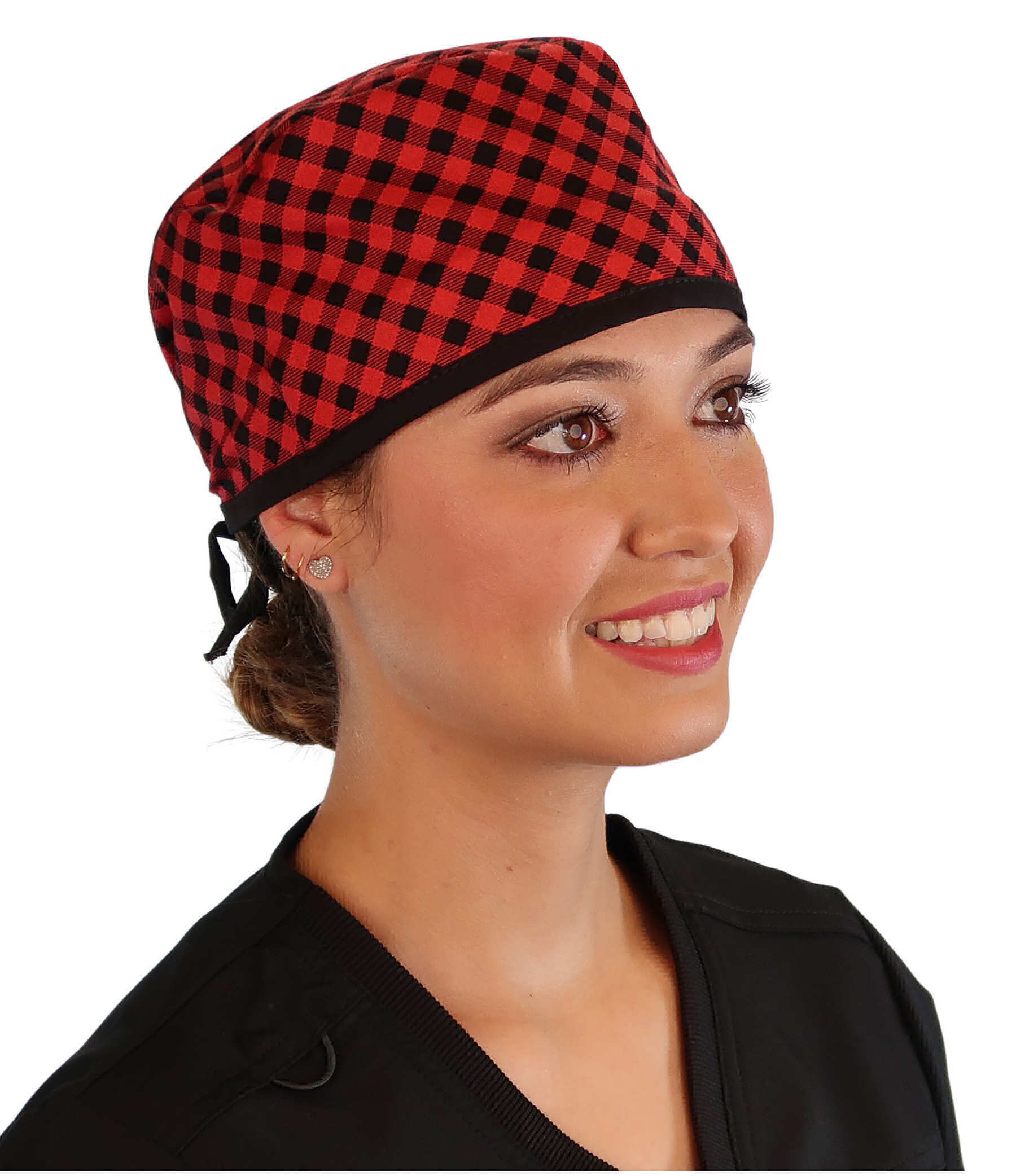 Front Facing View of a Woman Wearing a Classic Cotton Surgical Scrub Cap - Buffalo Check with Black Ties Pattern.