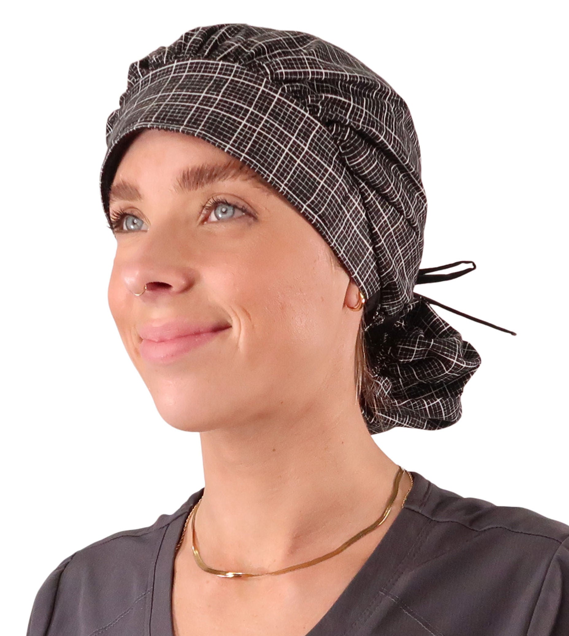 Banded Bouffant Ponytail Scrub Cap - Check Mate with Black Ties Banded Bouffant Surgical Scrub Caps