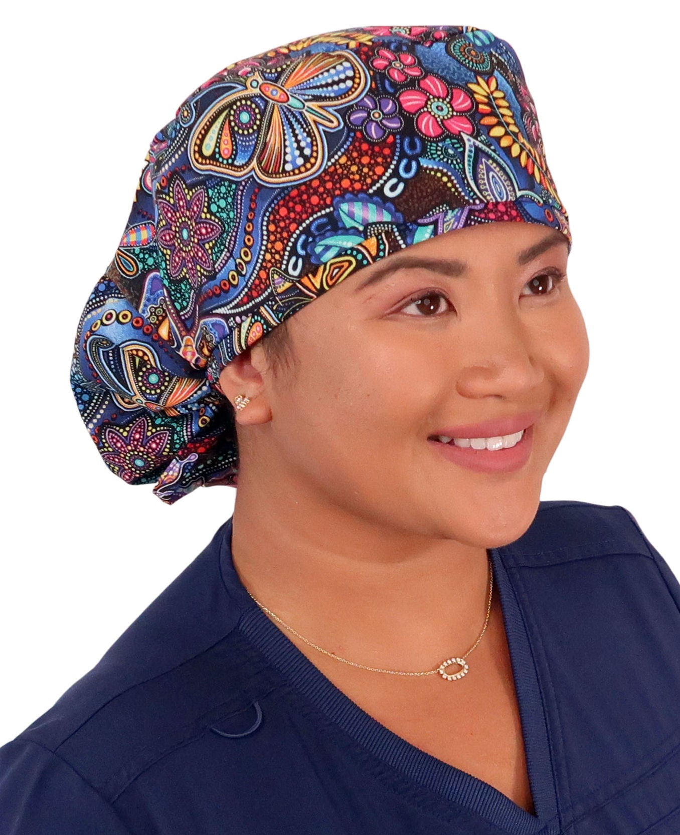 Big Hair Ponytail Surgical Scrub Cap - Perfect Scrub Cap for Long Hair - Nighttime In The Garden - Big Hair Surgical Scrub Caps - Sparkling EARTH