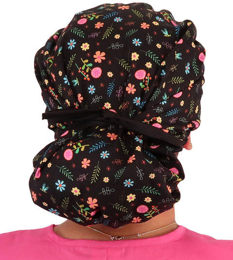 Banded Bouffant Surgical Scrub Cap - Wildflower Wonders with Black Ties